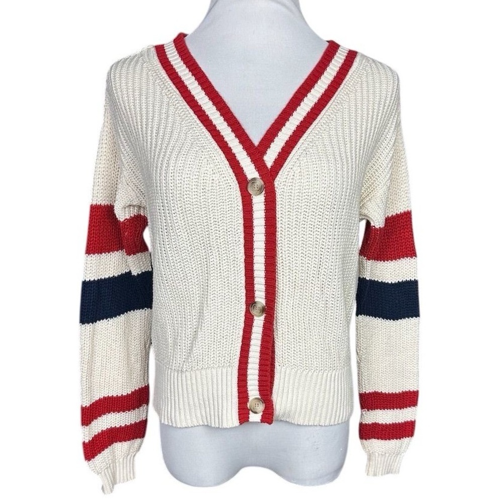 Mason & Belle Women's V-Neck Striped Button Up Cardigan Sweater Size M Ivory